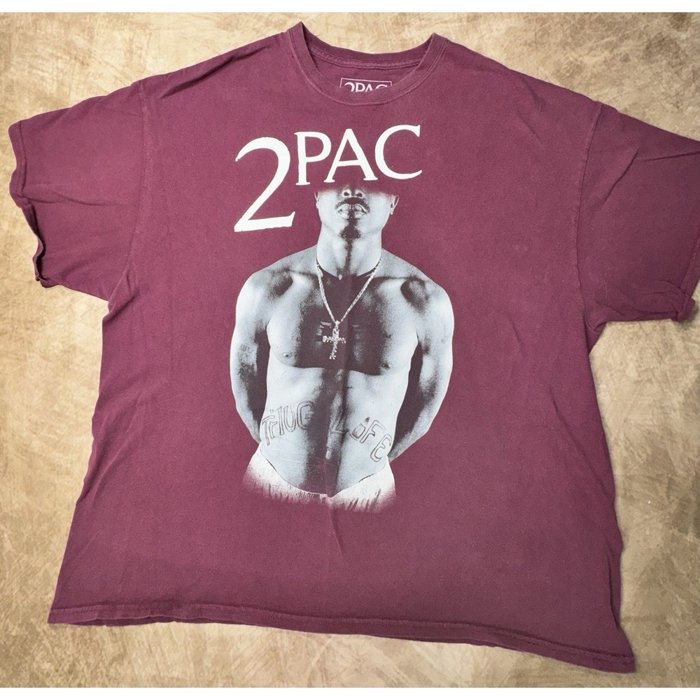 2PAC Shirt Mens 2XL Burgundy Thug Life Graphic Rap Hip Hop Tee Cotton Crew Neck